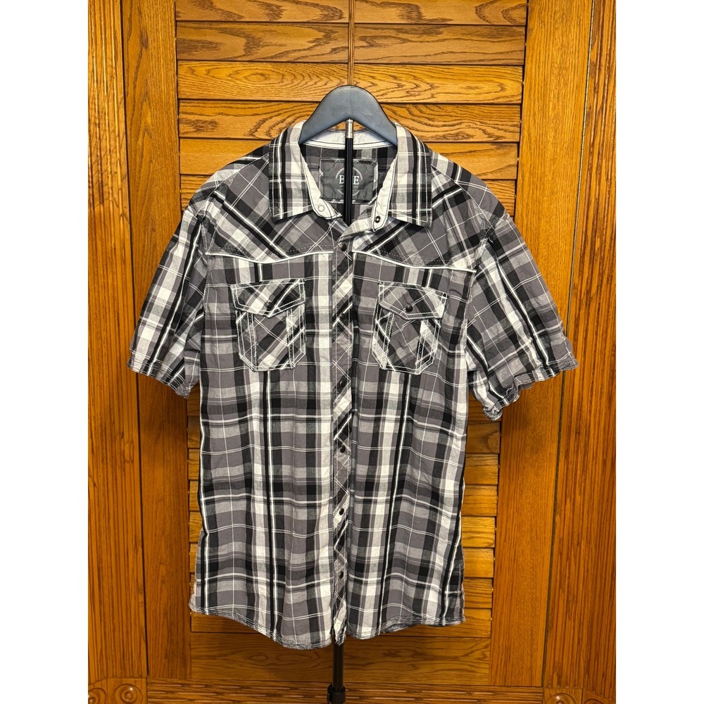 BKE Mens XL Athletic Fit Plaid Short Sleeve Western Pearl Snap Shirt Black Grey